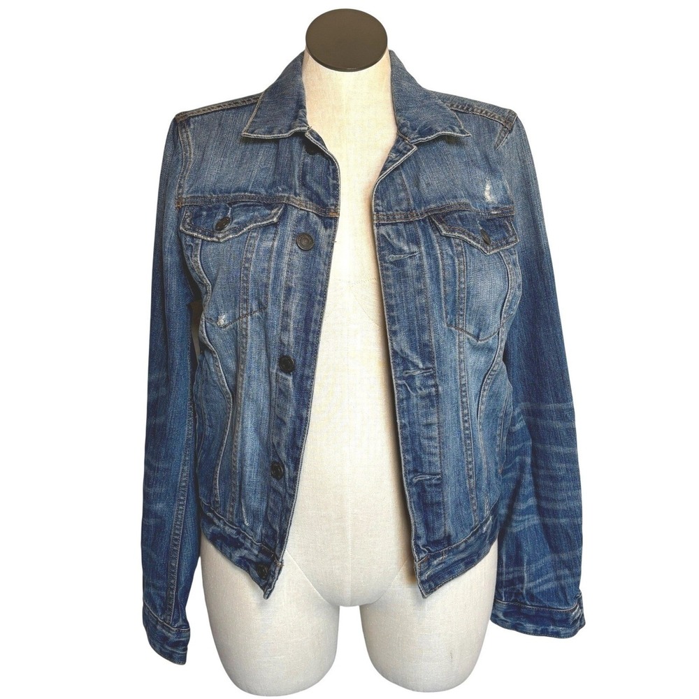 Abercrombie Fitch Denim Jacket Classic Blue Wash Distressed Trucker XL